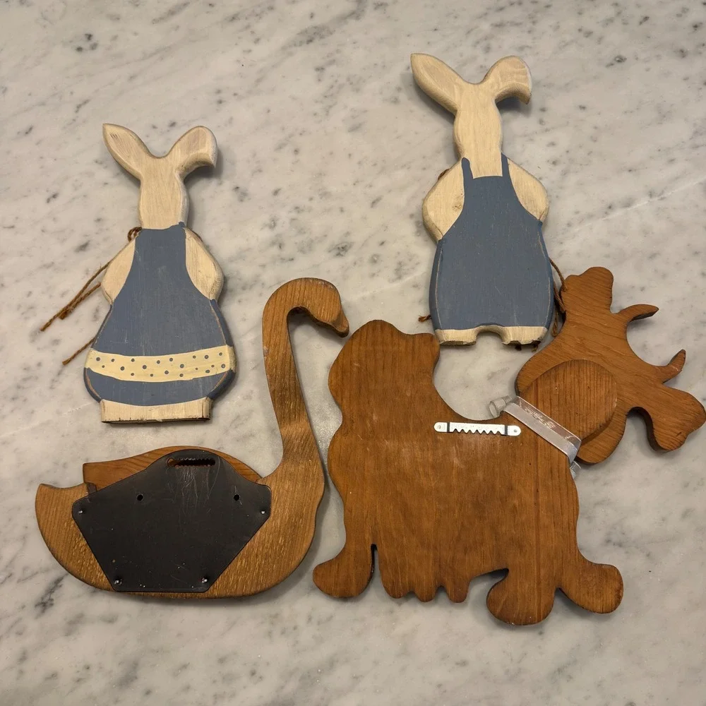 Vintage Farmhouse Wood Wall Decor Set 4pc Cow Swan Rabbits Hand Painted Folk Art